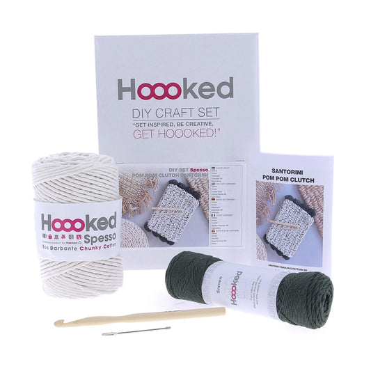 Hoooked Spesso Chunky Oliva Cotton Santorini Pompom Clutch Bag